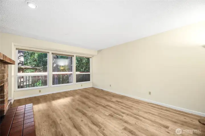 Window walls with views of the serene rear yard