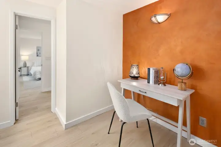 Office nook or closet?  You decide.  This space in Bedroom #2 was originally designed as a closet, but it also makes a great office nook.  Easy to add a closet bar or shelving for additional storage in this space.