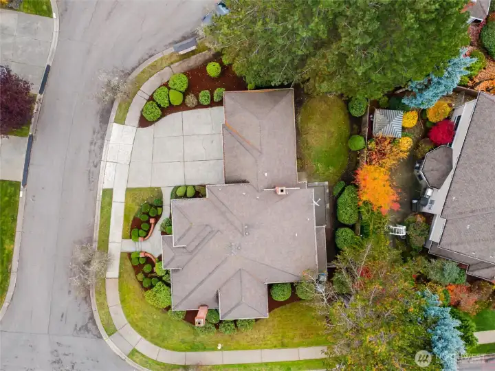 Aerial perspective highlighting corner lot positioning and mature landscaping.