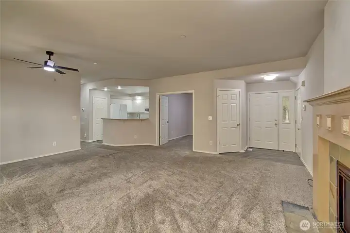 Entry closet and abundant pantry surround the kitchen with eating space.