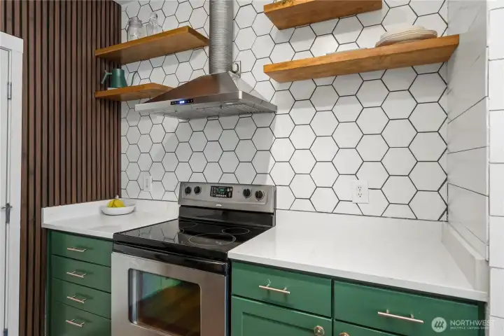 Stainless steel hood sets off kitchen Stainless steel hood sets off kitchen