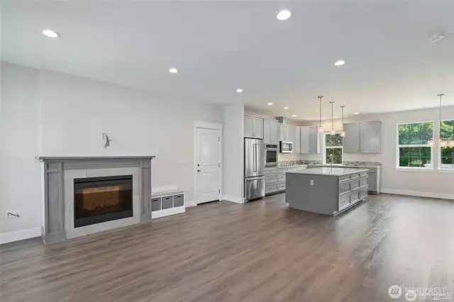 Entry leads right in to the great room area with living room, kitchen, and dining room.