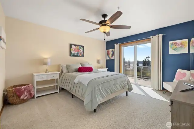 Primary bedroom w/private VIEW deck that has propane connection (gas firepit?), 5 piece ensuite & custom walk-in closet.