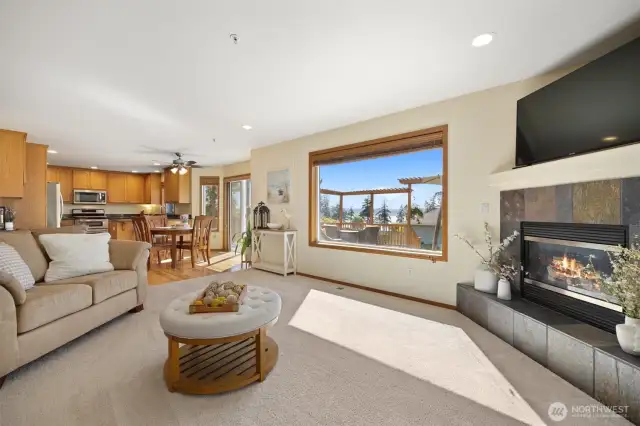 Large living room w/cozy propane fire place over looking the stunning views. Also wired for surround sound!