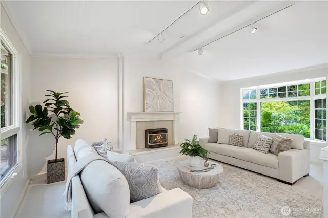The bright and elegant living room with vaulted ceiling creating an airy atmosphere