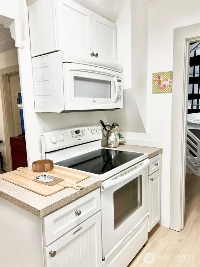 Stove and counter that overlooks dining area