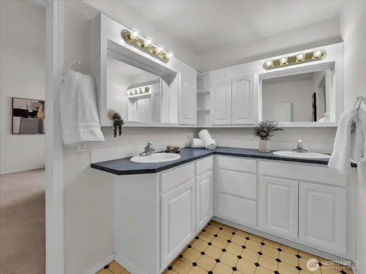 primary bathroom with double vanity