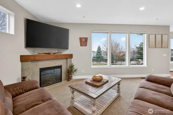 Living room with large windows and a view