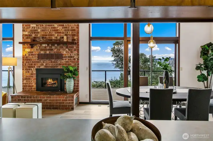 Looking through the kitchen to the dining space and views