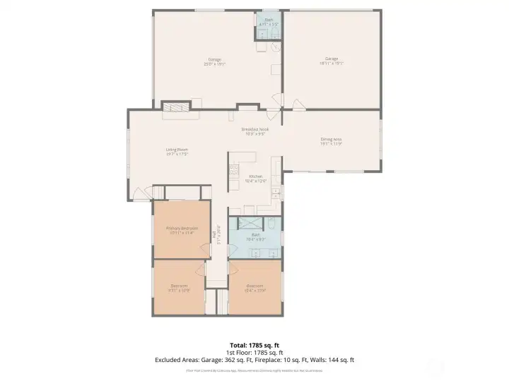 Spacious single-level floor plan with three bedrooms, large living room, formal dining area, breakfast nook, and generous garage space.