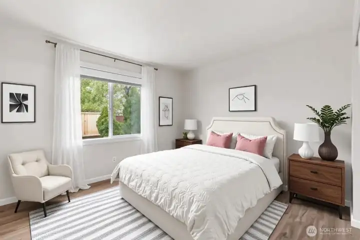 Primary suite with closet storage and bathroom ( Virtuallly Staged )