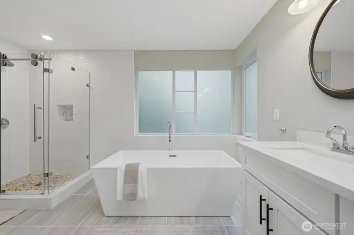 Spa inspired Primary Bath with privacy windows Spa inspired Primary Bath with privacy windows