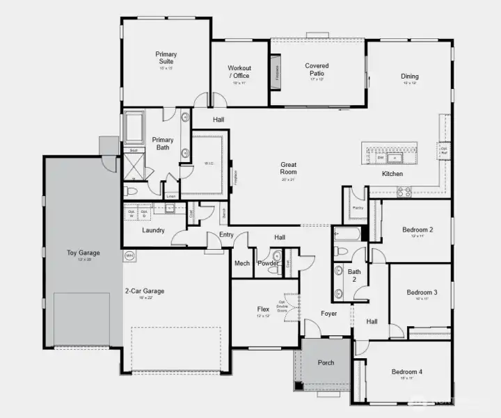 Additional Highlights Include: Rain shower head and free-standing tub at primary bath, prewire generator hook-up, gas BBQ hook up, EV charger, toy garage, and black window frames.
