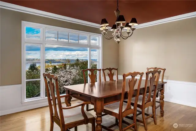 The formal dining room is in the center of the home almost immediately in front of you when you enter
