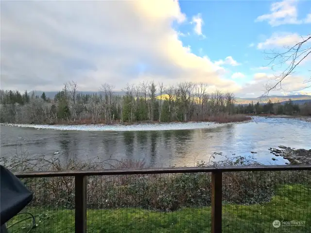 View straight off deck. Clouds are covering some of the mountains.