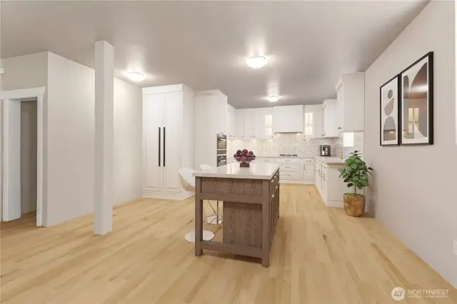 RENDERING of what could be done in the area plumbed for a kitchen in the basement.