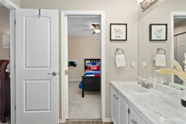 Jack and Jill bath connects two bedrooms upstairs