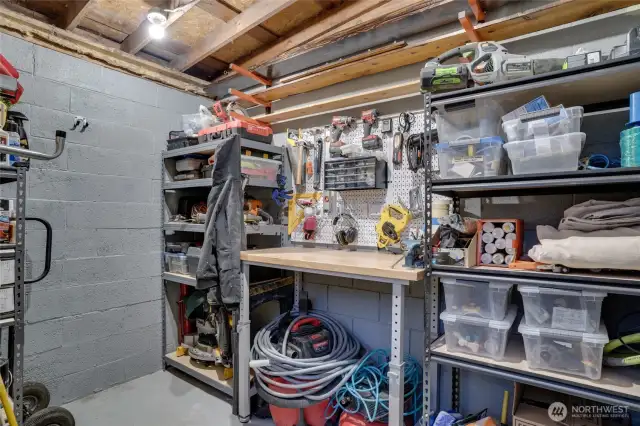 Shop or storage space that is accessed from the side of the home.