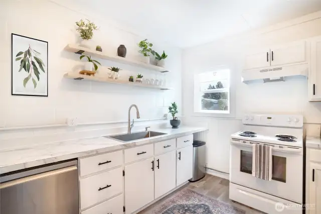 Updated kitchen with a window that looks out to Gibson and the Chelan Butte.