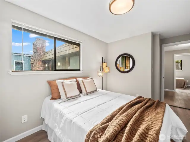 Bedroom number one is spacious and features a large closet with built in shelving.