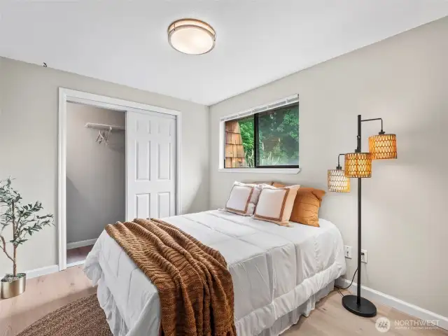 The first bedroom is generous in size as well as orientation the bed in this photo is a queen size bed and you can see there is still plenty of space to move around freely.