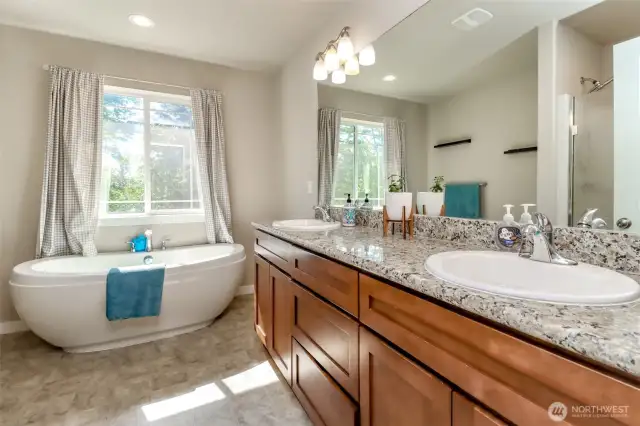 5 pc bath in Owners suite with tall granite counters and beautiful soaking tub!