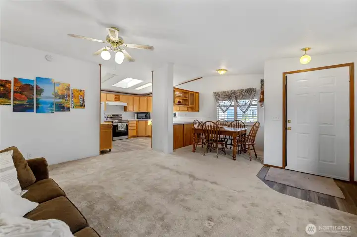 Spacious living room open to kitchen