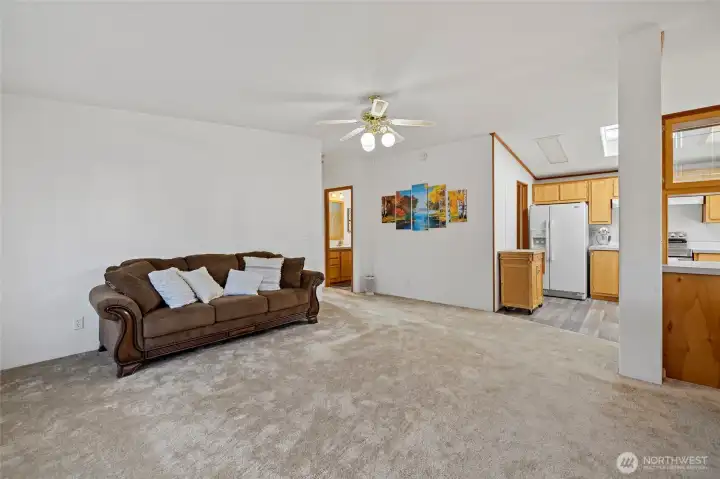 Spacious living room open to kitchen