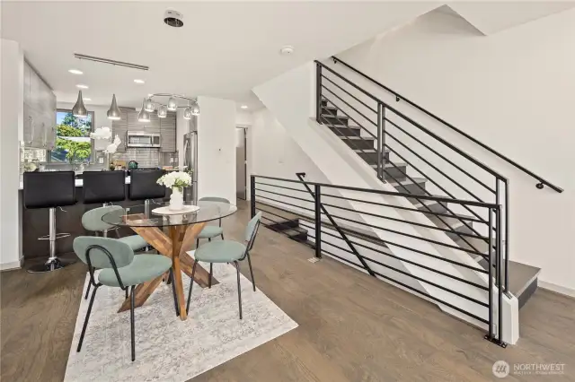 Kitchen flows into a dedicated dining space