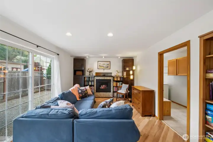 Living room, gas fireplace, slider to dog run