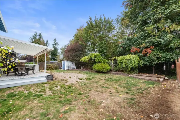 The backyard is backed up to a greenbelt, owned by Soos Creek.  The raised beds are waiting for your green thumb & plantings.  There are already some blueberry, strawberry & rasberry plants to enjoy!