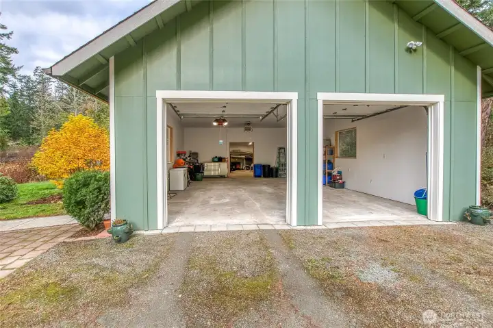 A spacious 2-car garage with a finished shop in the back.