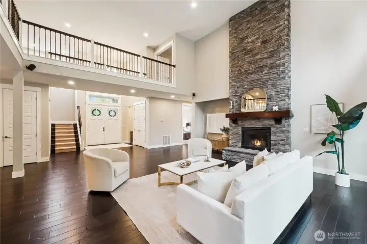 Floor to ceiling stone fireplace!