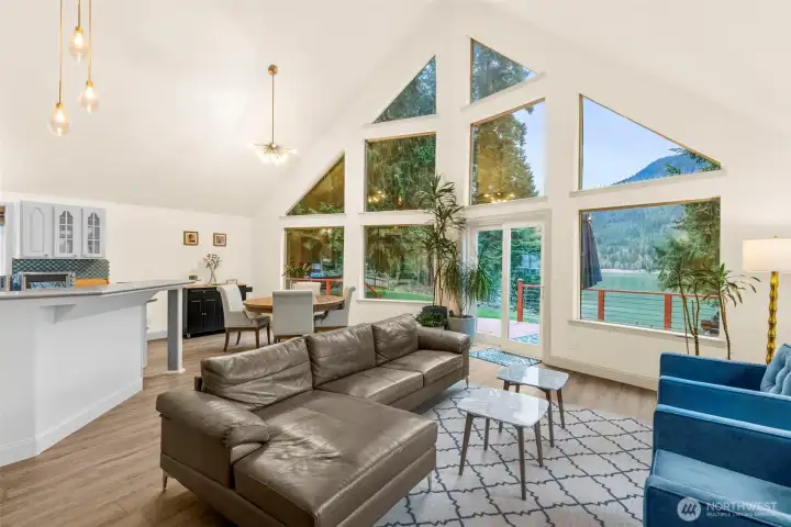 Lounging and entertaining with the turquoise Alder Lake as your backdrop.