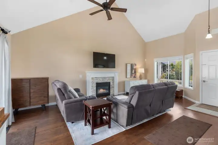 Great vaulted ceilings makes this room so enjoyable.  Very light and bright.