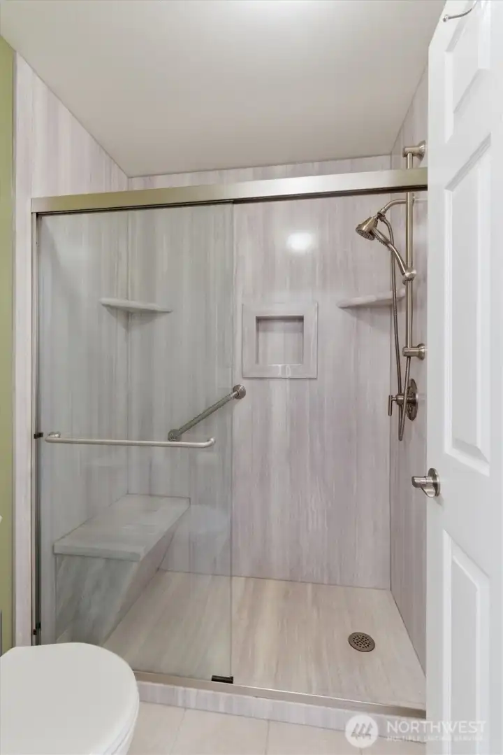 This is the new shower with a great shower bench.