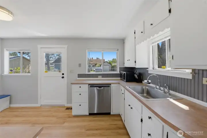Kitchen with backyard access — Ample counter space, stainless dishwasher, and a door leading out back.