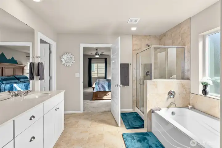Primary bath with shower and separate soaking tub