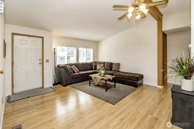 Step inside to find soaring ceilings and a spacious living room.