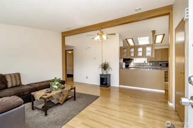 Living room flows into the heart of the home, the kitchen!