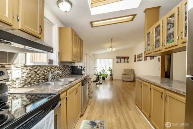 Skylights in the kitchen bring in tons of natural light!