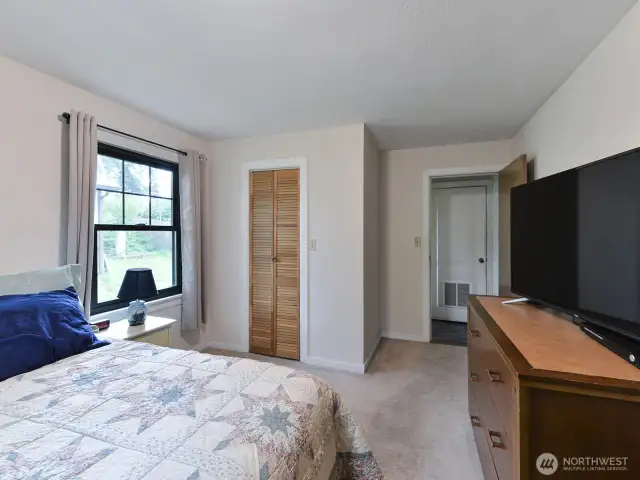 Walk in closet, bathroom right across the hall, two big windows