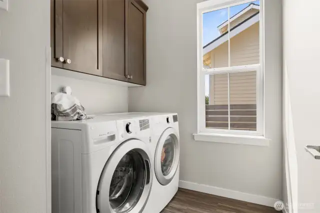The laundry room is on the main floor and just by the door to the garage. There is nice cabinetry for storage above the front loading washer and dryer.