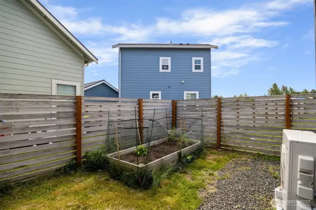 The raised bed has a few vegetables growing in it.