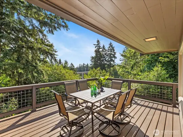 Main floor deck with a view of mountains and light rail route