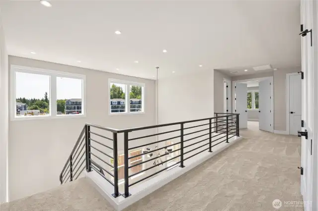 Open-concept upstairs landing with sleek metal railing, plush carpet, and large windows for abundant natural light.