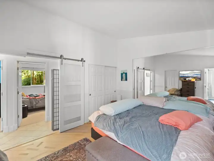 primary bedroom with 3/4bath & TWO closets (one walk in & one sliding door)