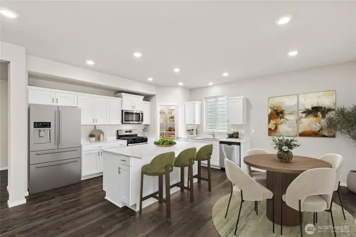 Informal dining area off kitchen with breakfast bar at the large island. Photo is representational. Actual home is under construction. Colors, materials, and features may vary. See site agent for details.