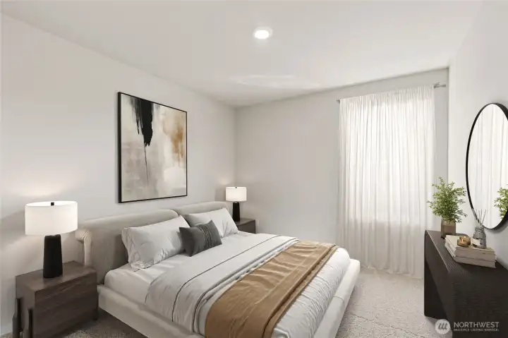 Guest bedroom can accommodate queen mattress with end tables. Photo is representational. Actual home is under construction. Colors, materials, and features may vary. See site agent for details.