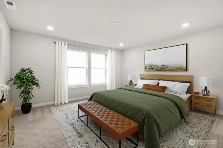 Primary bedroom suite with attached 5-piece bath, walk-in closet and large shower. Photo is representational. Actual home is under construction and materials, colors, and finishes will vary. See site agent for details.